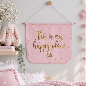 ΥΦΑΣΜΑΤΙΝΟ ΠΛΑΙΣΙΟ "THIS IS MY HAPPY PLACE" ΣΕ ΡΟΖ ΜΕ ΧΡΥΣΟ